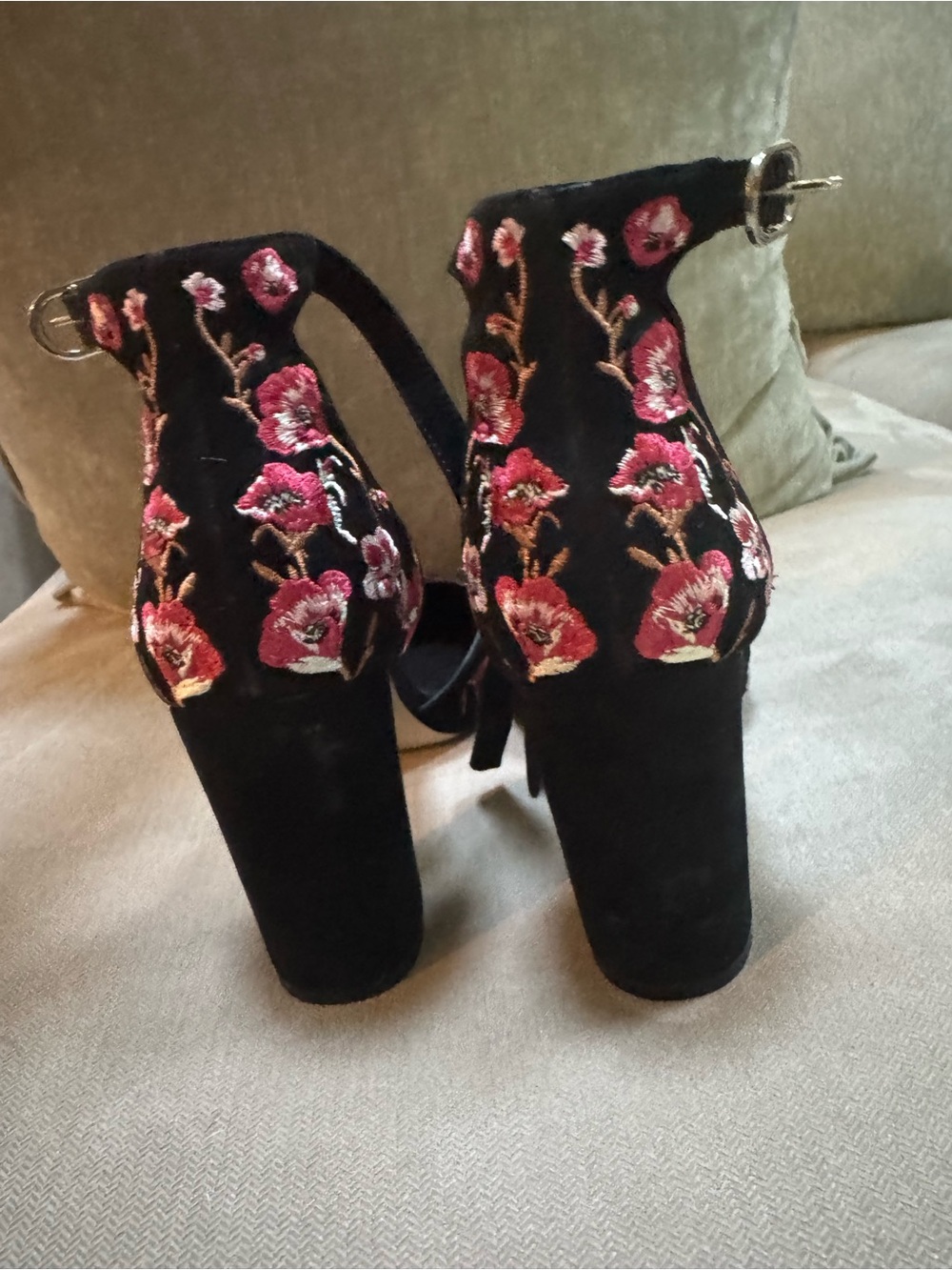 White House Black Market Black Ankle-Strap Heels with Pink Floral Embroidery - Picture 3 of 6
